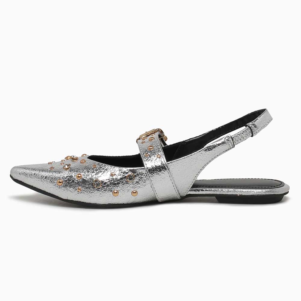 Pointed Toe Studded Buckled Strap Flats Slingback Shoes in Silver