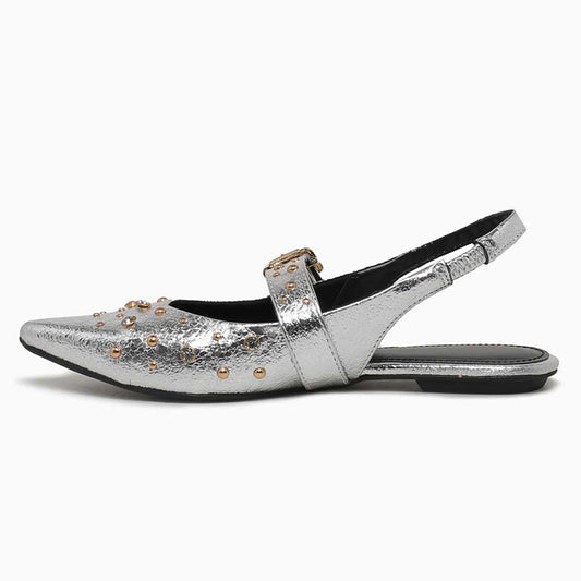 Pointed Toe Studded Buckled Strap Flats Slingback Shoes in Silver