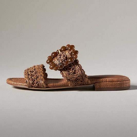 Brown Vegan Leather Round Toe Flat Buckle Strappy Comfy Slippers