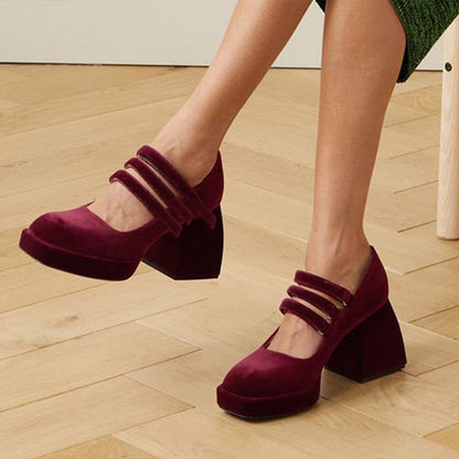 Maroon Velvet Square Toe Chunky Heel Platform Loafers