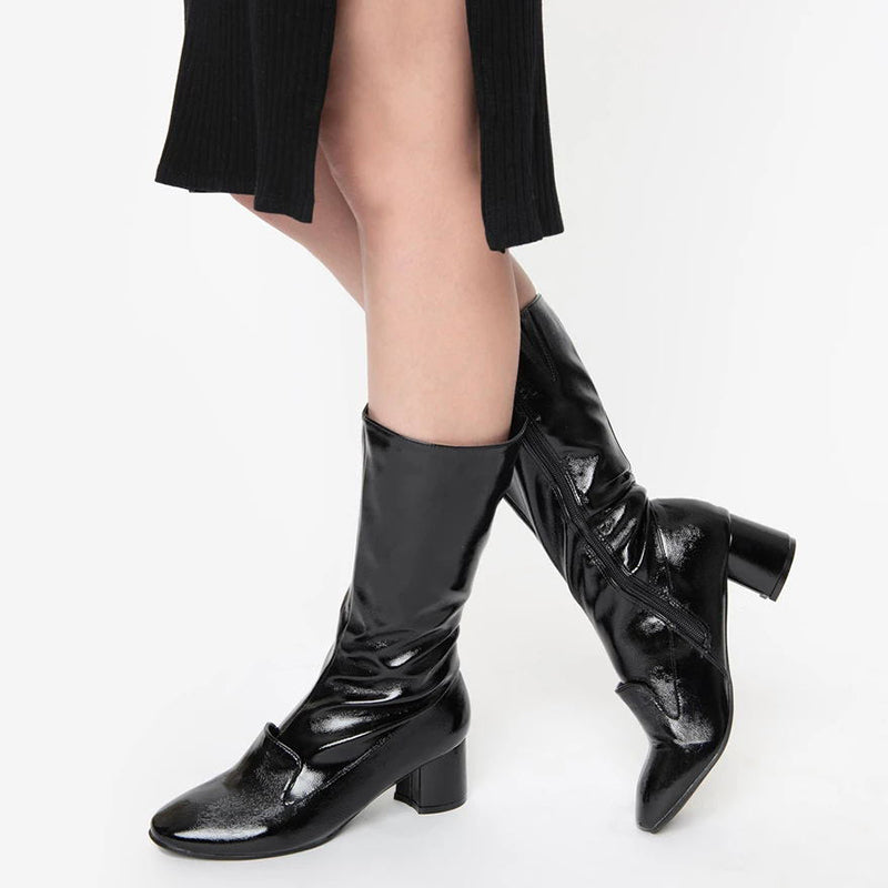 Black Chunky Heel Mid Calf Boots