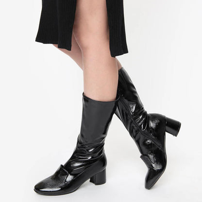 Black Chunky Heel Mid Calf Boots
