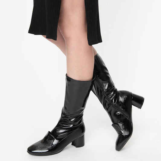 Black Chunky Heel Mid Calf Boots