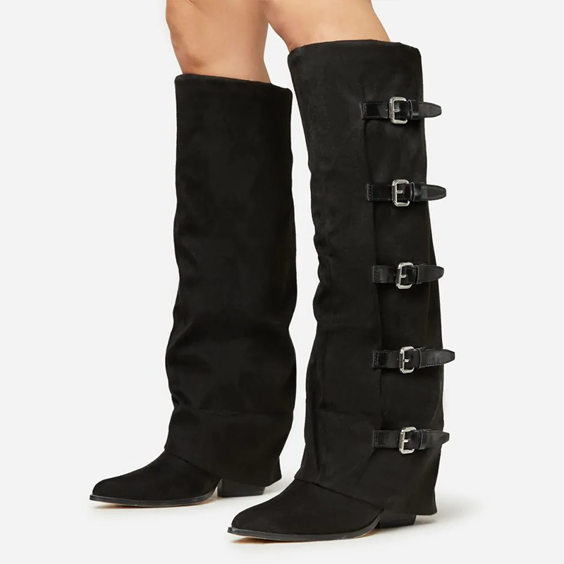 Black Vegan Suede Almond Toe Chunky Heel Fold-Over Knee High Boots