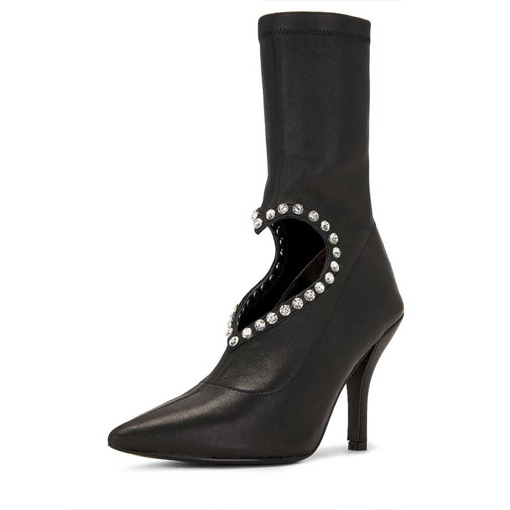 Black Women's Rhinestone Heart-Shaped Cutout Mid Calf Boots
