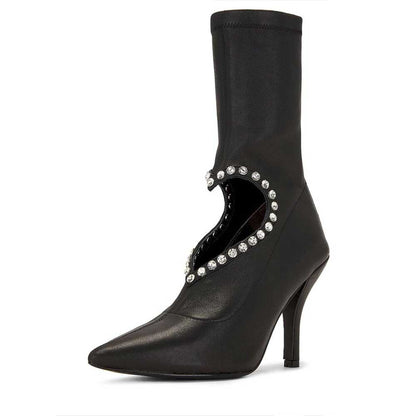 Black Women's Rhinestone Heart-Shaped Cutout Mid Calf Boots