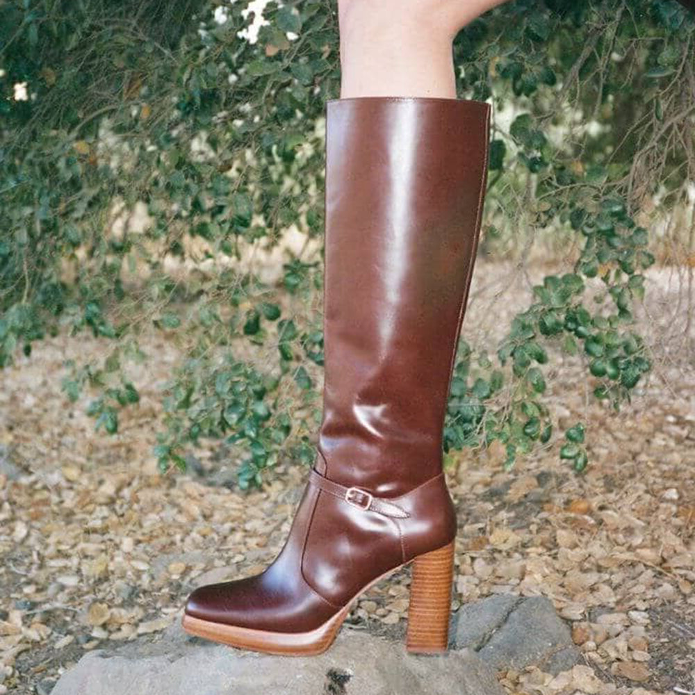 Brown Square Toe 4'' Block Heel Knee High Boots with Ankle Buckle