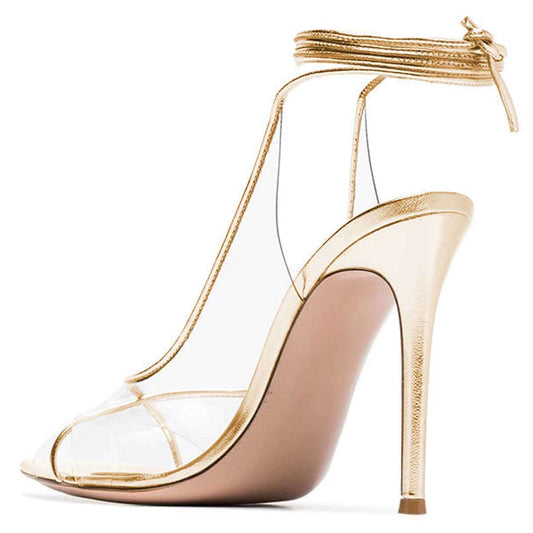 Women's Strap Around Ankle Clear Heels Peep Toe Pumps in Gold