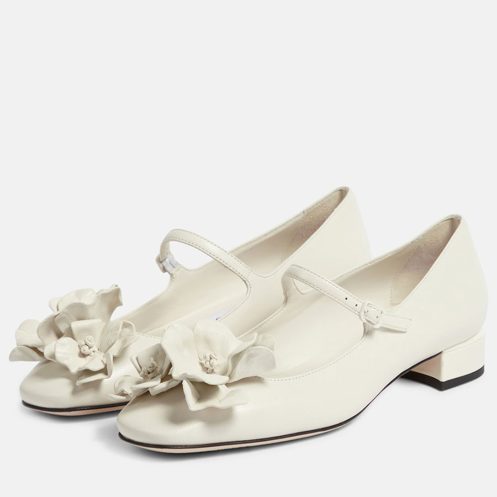 Women's White Square Toe Floral Low Block Heel Mary Jane Pumps