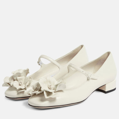 Women's White Square Toe Floral Low Block Heel Mary Jane Pumps