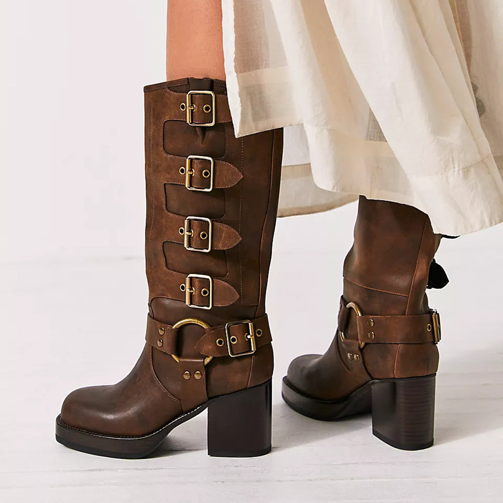 Brown Vegan Leather Closed Toe Chunky Heel Platform Mid Calf Boots