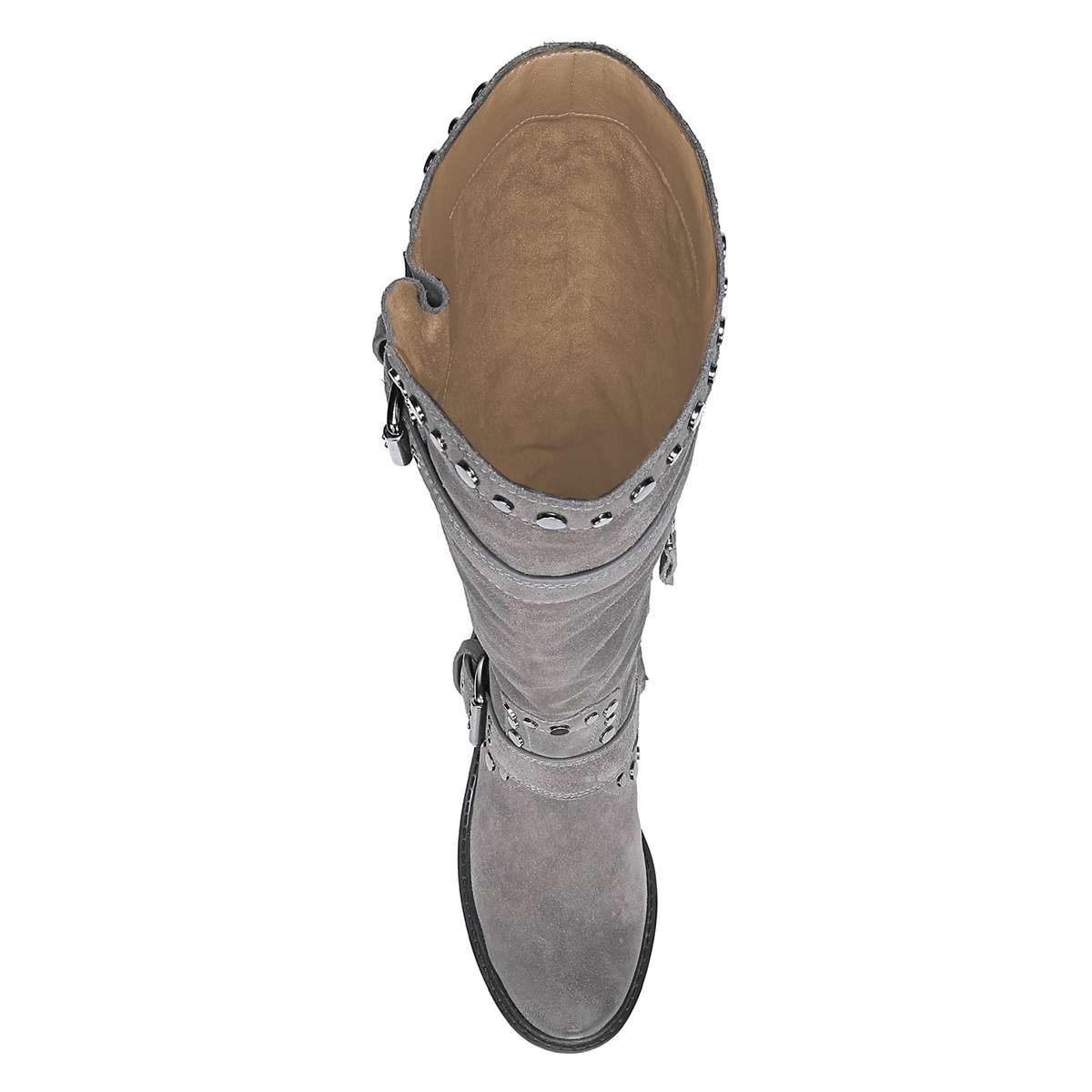 Grey Vegan Suede Block Heel Buckle Strap Knee High Boots with Studs