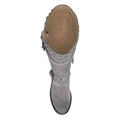 Grey Vegan Suede Block Heel Buckle Strap Knee High Boots with Studs