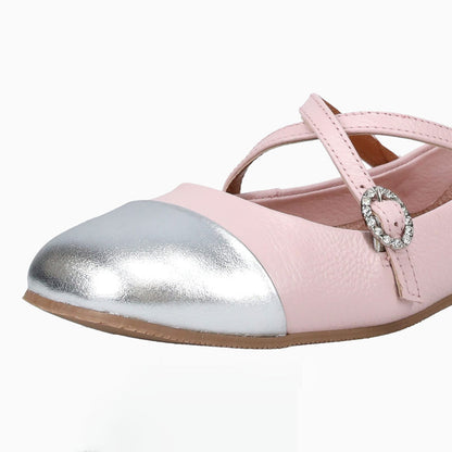 Pink & Silver Square Toe Rhinestone Embellished Cross Strappy Flats