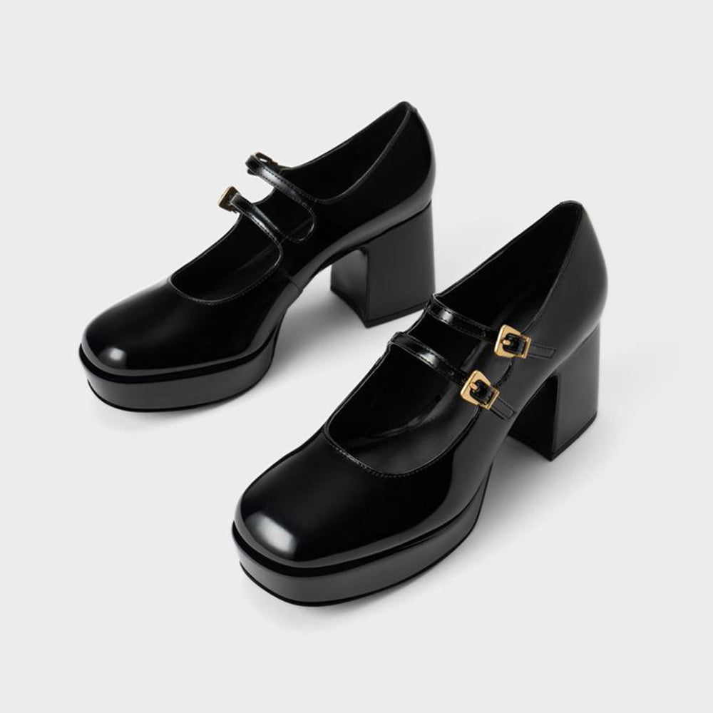 Black Patent Leather Closed Toe 3'' Chunky Heel Platform Loafers