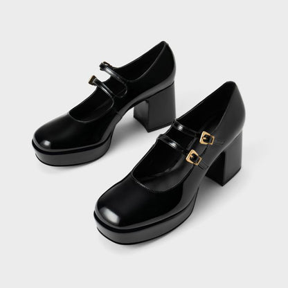Black Patent Leather Closed Toe 3'' Chunky Heel Platform Loafers