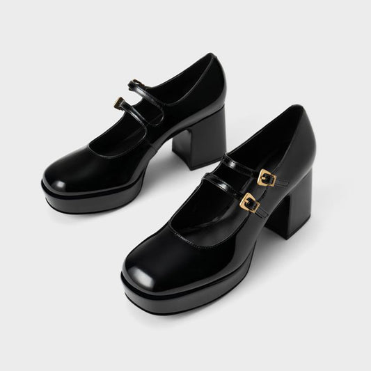 Black Patent Leather Closed Toe 3'' Chunky Heel Platform Loafers