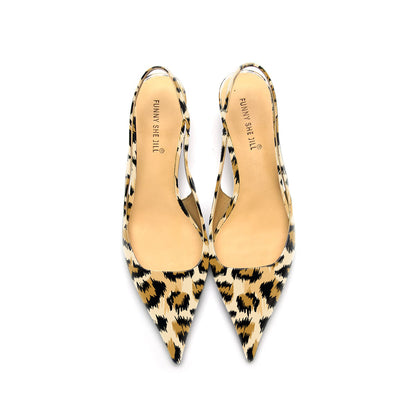 Women's Leopard Print Slingback Pumps Pointed Toe Office Kitten Heels