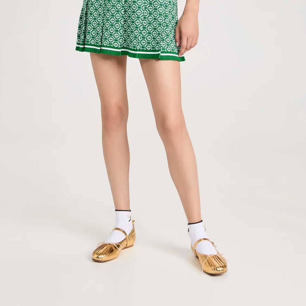 Gold Crinkled Metallic Finish Pleated Round Toe Bow Ballet Flats