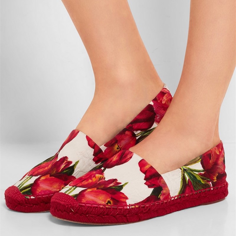 Women's Red and White Round Toe Floral Comfortable Flats