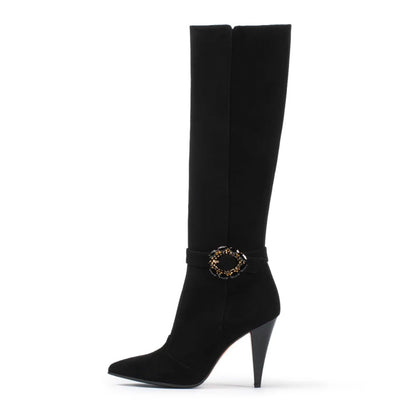 Black Cone Heel Crystal Buckle Strap Vegan Suede Knee High Boots