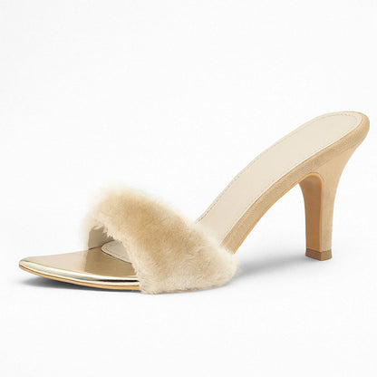 Beige Open Toe Faux Fur Strap Detailing Block Heel Mules Sandals