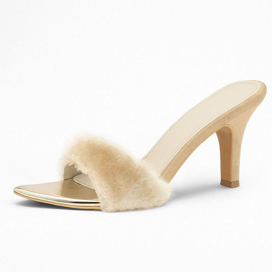 Beige Open Toe Faux Fur Strap Detailing Block Heel Mules Sandals