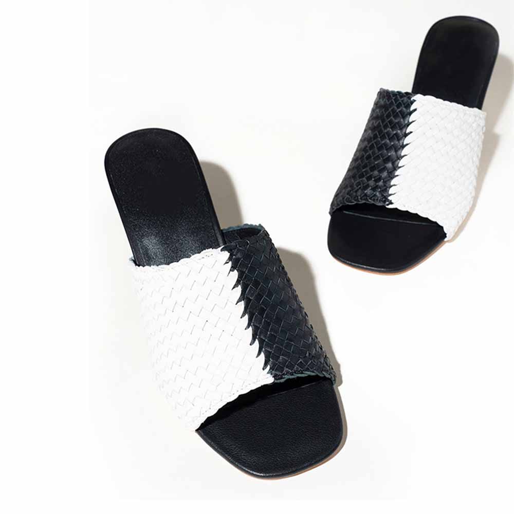 Black & White Woven Square Toe Block Heel Mules Sandals for Women