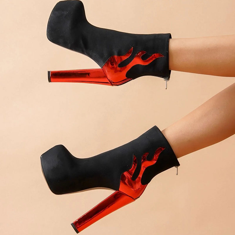 Black & Red Round Toe Ankle Boots Chunky Heel Halloween Shoes