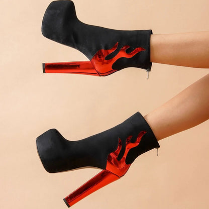 Black & Red Round Toe Ankle Boots Chunky Heel Halloween Shoes
