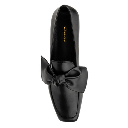 Black Loafers Square Toe Vegan Leather Women's Dress Flats with Bow