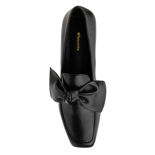 Black Loafers Square Toe Vegan Leather Women's Dress Flats with Bow