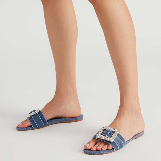 Women's Denim Square Toe Rhinestone Embellished Buckle Flat Slippers