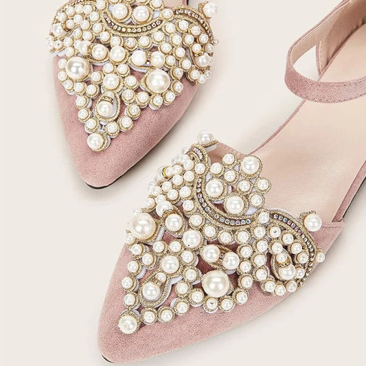 Pink Jeweled Vegan Suede Shoes Ankle Strap Pointed Toe Flats