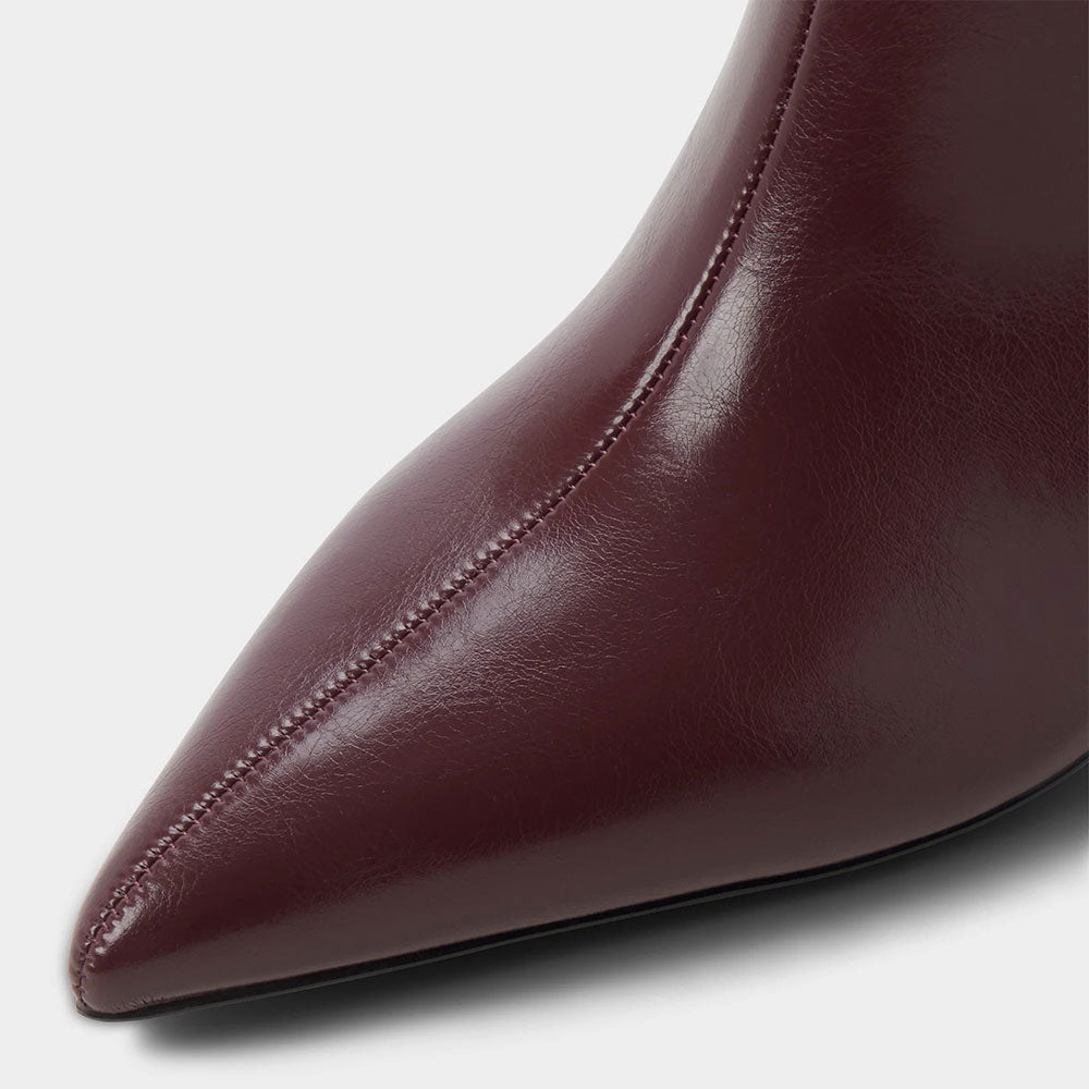 Vegan Leather Stiletto Heel Pointed Toe Knee High Boots in Burgundy