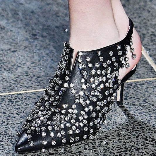 Black Pointy Toe Rhinestone Stiletto Heel Slingback Ankle Boots