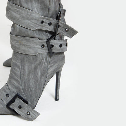 Fashion Grey Stiletto Heels Buckle Knee High Boots for Women