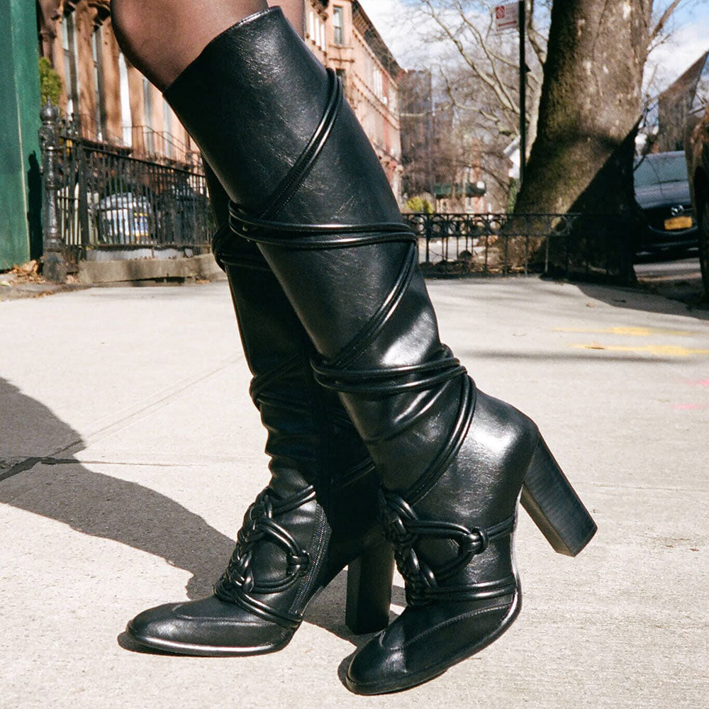 Black Square Toe Chunky Heel Rope Knot Knee High Boots