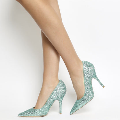 Women's Turquoise Glitter Pointed Toe Stiletto Heels Sparkly Pumps