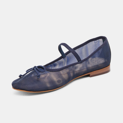 FSJ Navy Mesh Round Toe Bow Simple Ballet Flats with A Strap