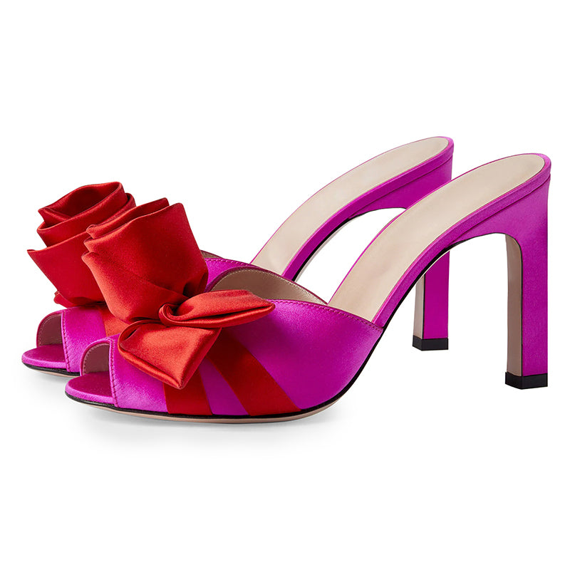 Women's Rose Style Peep Toe Satin Mule Heels in Fuchsia