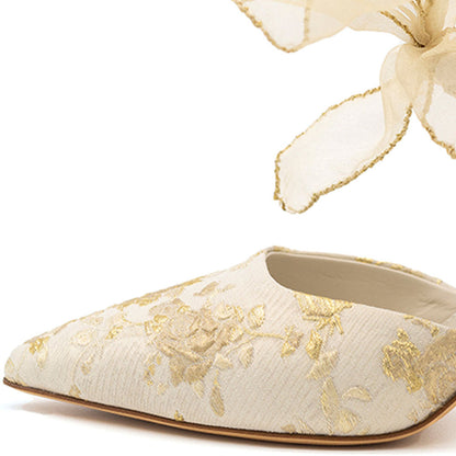 Beige Mesh Bow Heels Pointed Toe Gold Flower Pattern Mules for Women