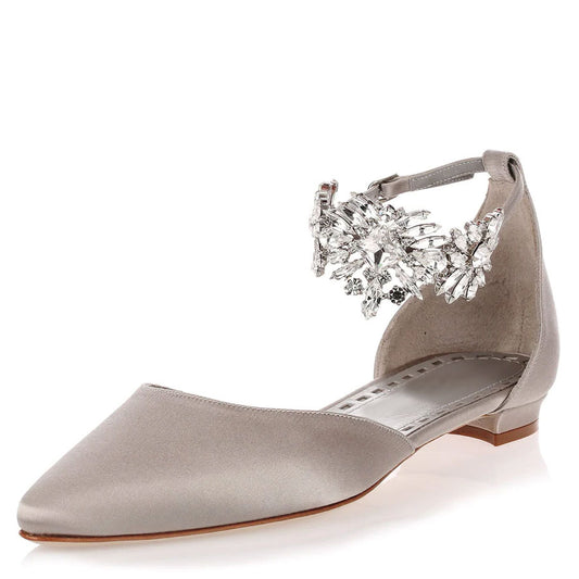 Classy Gray Satin Pointed Toe Ankle Strap Bride Flats with Rhinestone