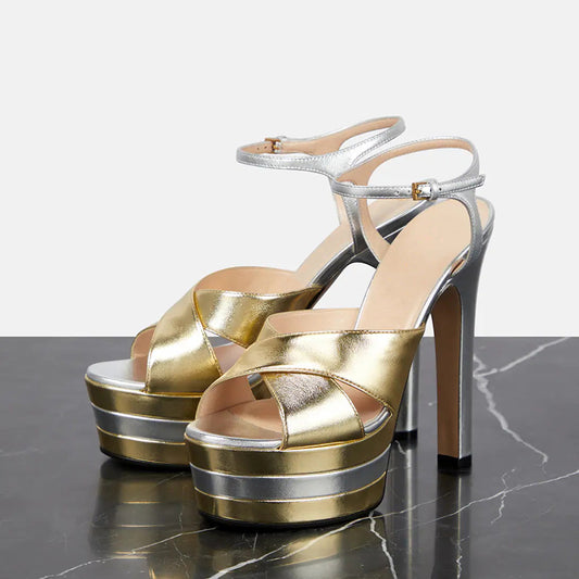 Silver & Champagne Metallic Finish Chunky Heel Party Platform Sandals
