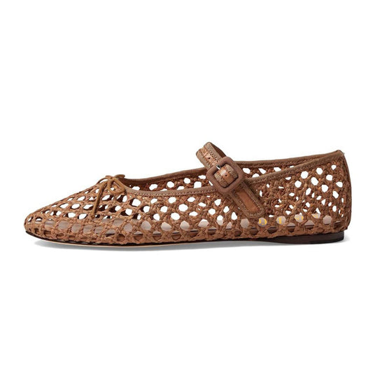 Brown Raffia Round Toe Cut Out Buckled Strappy Mary Jane Flats