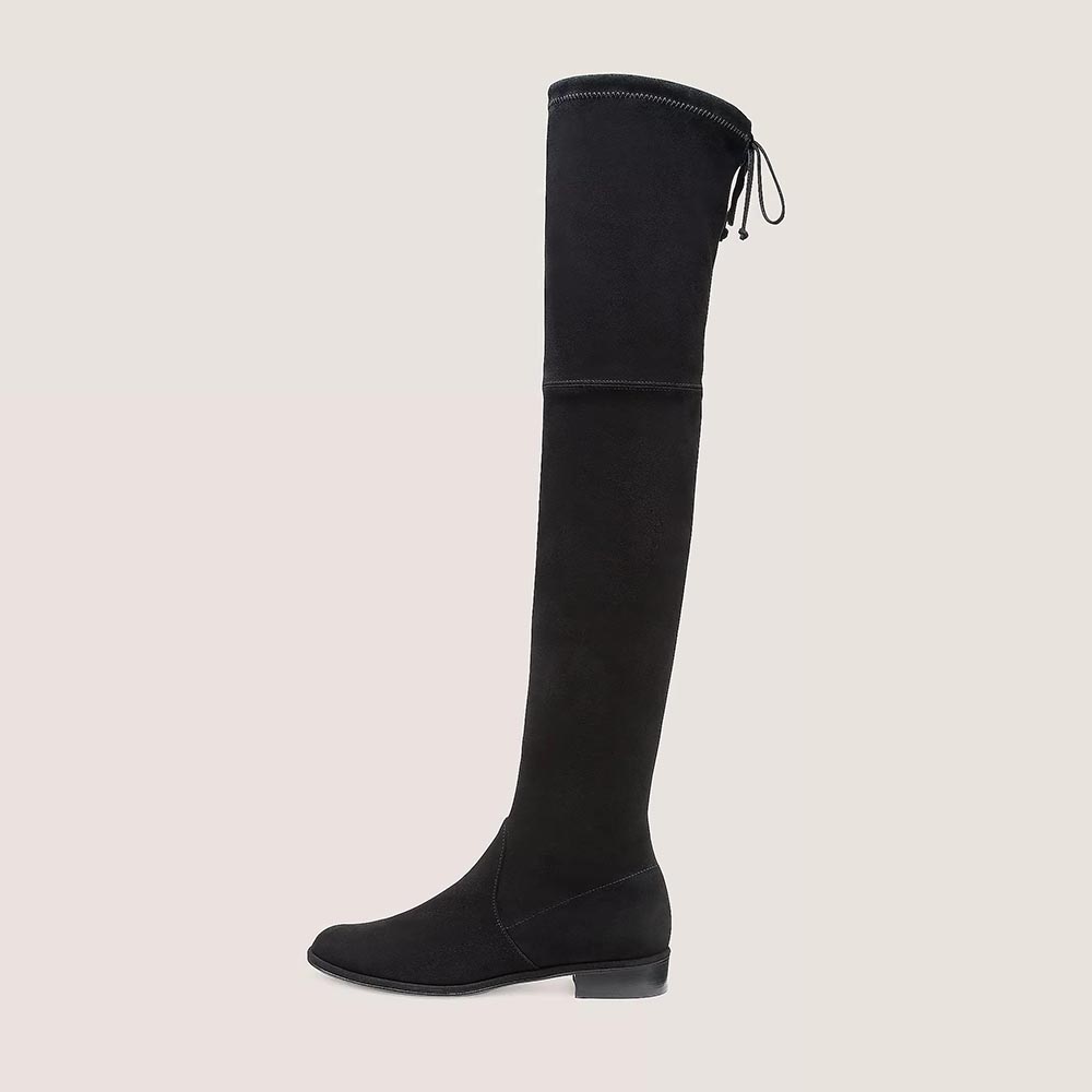 Black Vegan Suede Round Toe Back Lace Up Flats Thigh High Boots