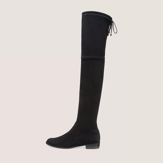 Black Vegan Suede Round Toe Back Lace Up Flats Thigh High Boots