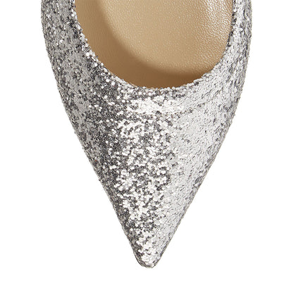 Silver Glitter Shoes Pointed Toe Tie Bow Slingback Flats
