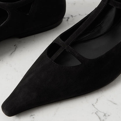 Vegan Suede Pointed Toe Cut Out T-Strap Women's Dress Flats in Black