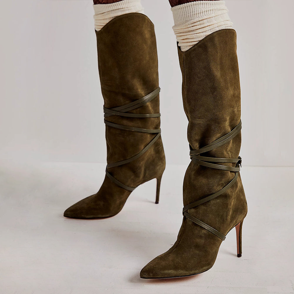 Dark Olive Vegan Suede Stiletto Heel Lace Up Detail Mid Calf Boots